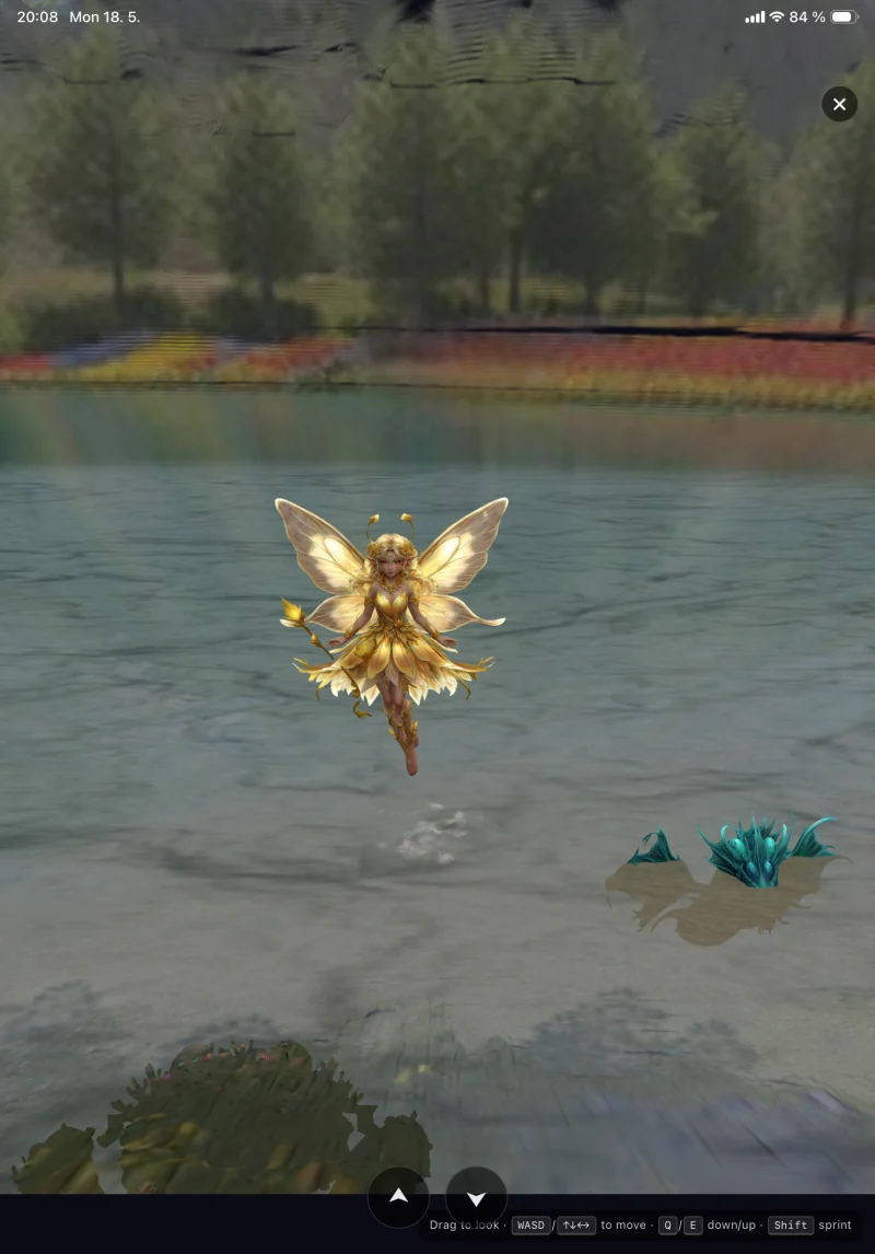 A Sunpetal Sprite floating above a real lake in AR