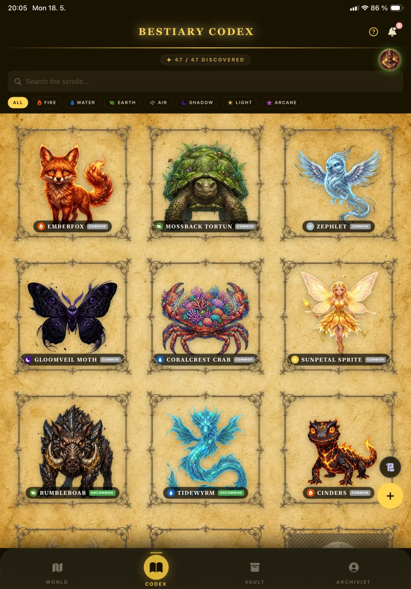 The Bestiary Codex grid view showing nine discovered creatures