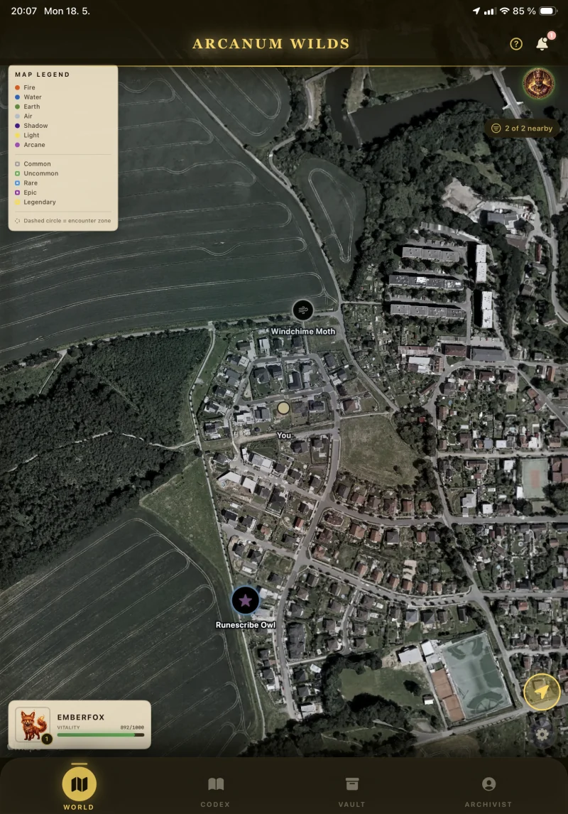 Map view with creature pins shown across a neighbourhood