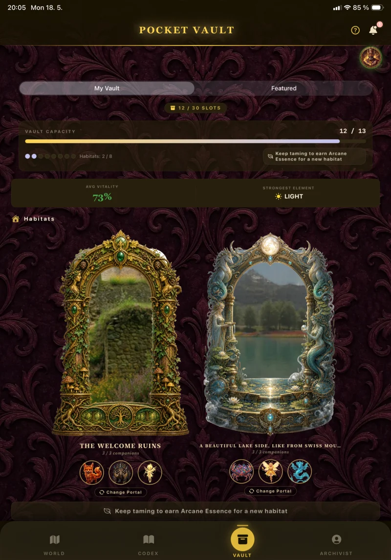 The Pocket Vault home screen showing two habitat portals and capacity meter